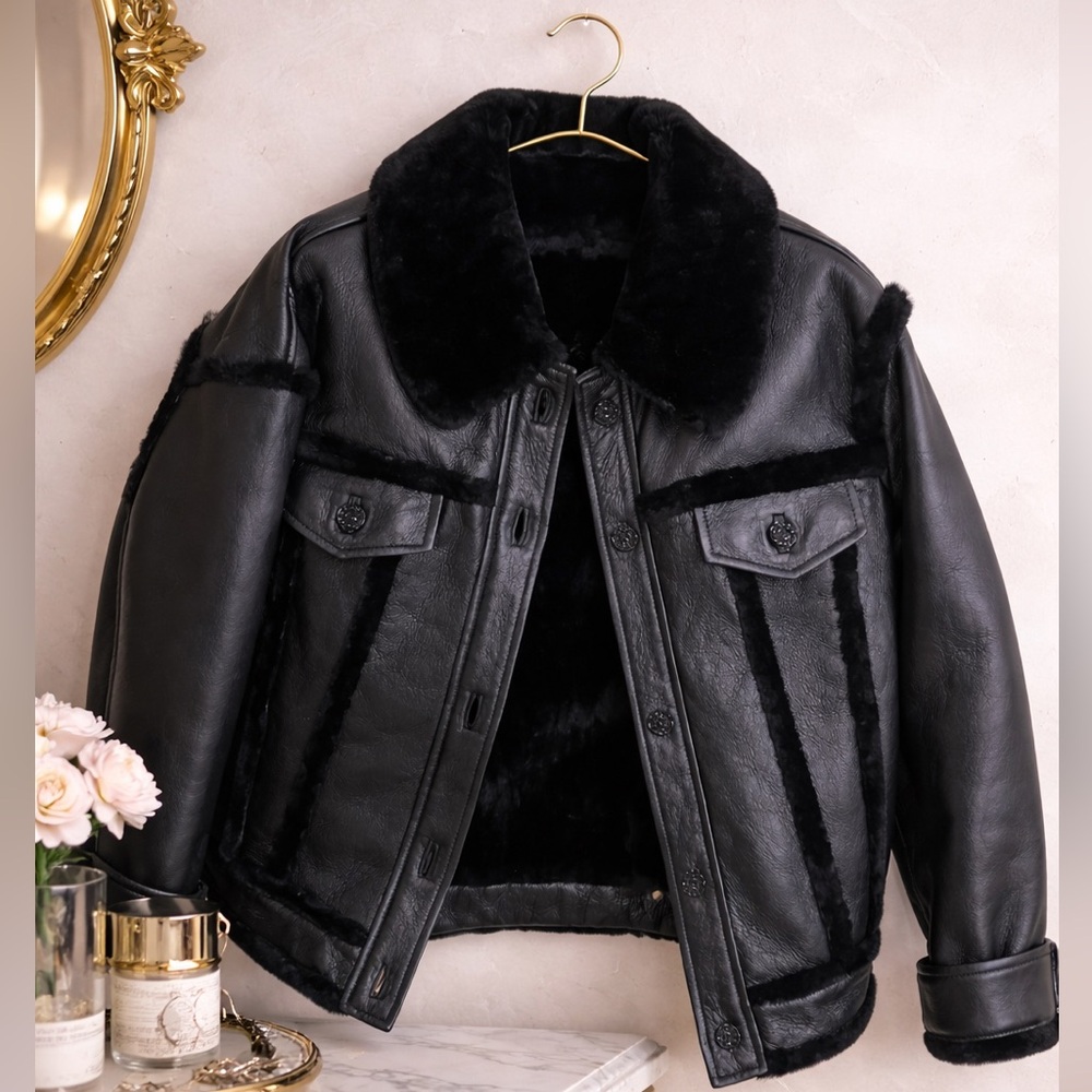 Sandro Paris Genuine Shearling Leather Jacket Black Luxury Winter CoatM
